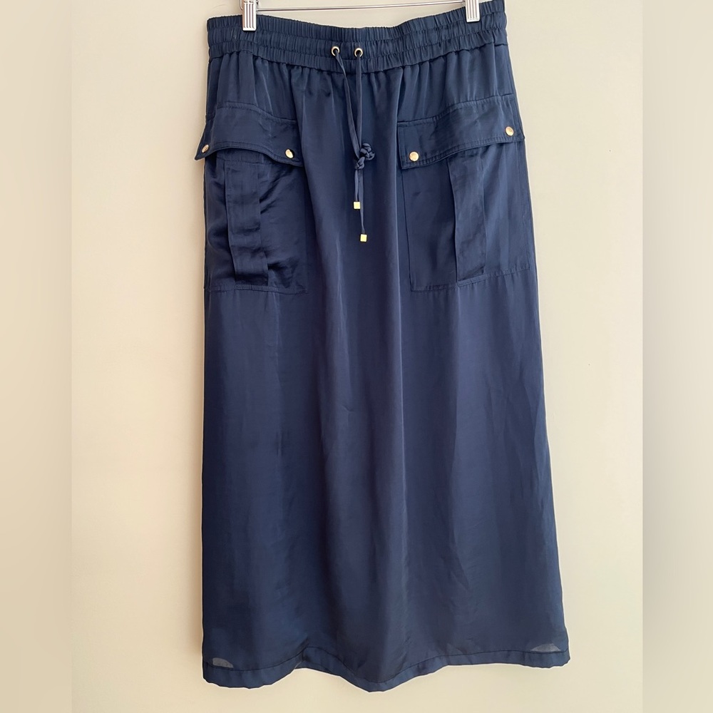 TALITA KUME Maxi Skirt Lightweight Navy Pull On Elastic Waist Pockets Nautical